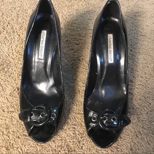 Black shiny peekaboo shoes